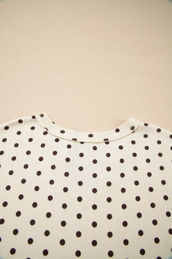 White Polka Dot Print Notched Neck Long Sleeve Top Drawstring Jogger Pants Waffle Knit Lounge Set