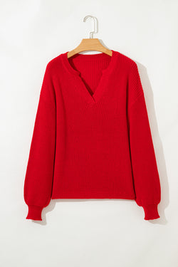 Racing Red Red Solid testuriti a maglia a gocce per goccia a V sul collo a V.