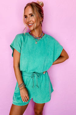 Sea Green Mineral Wash Drawstring Wall Hollow Out Back Switle Manger Comper