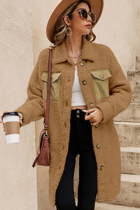 Khaki Contrast Flap Pocket Single Breasted Teddy Coat