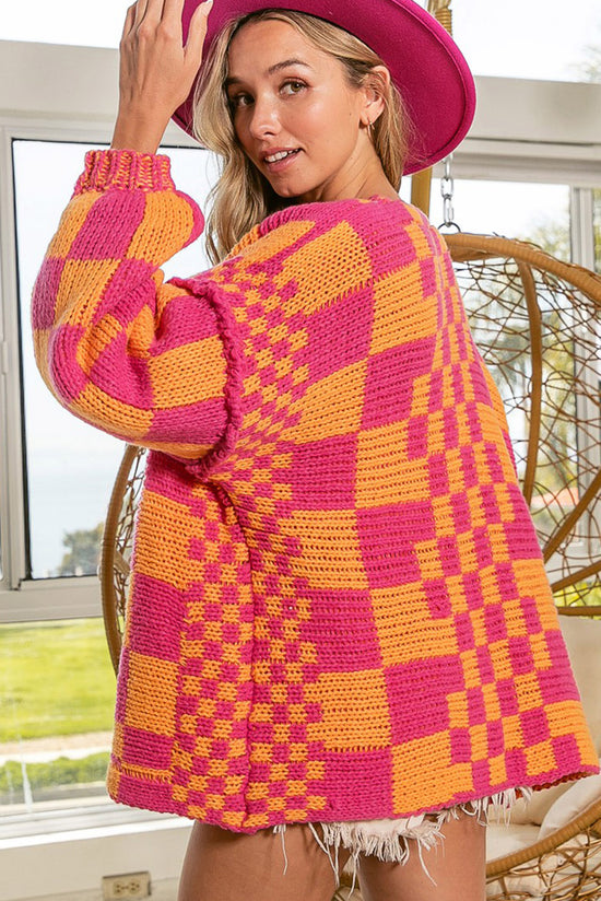 Multticolor Open Front Mydled Checkered Pattern Treen Cardigan