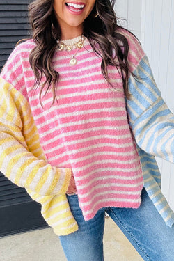 Mulicolor Block Block listrado retalhos de retalhos Dolman Sleeve Slit Sweater