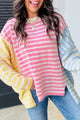 Mulicolor Block Block listrado retalhos de retalhos Dolman Sleeve Slit Sweater