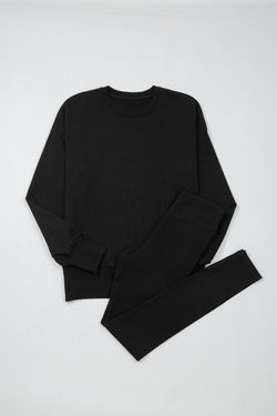 Green Bay Solid Color Oversize Slit Sweatshirt Ribbed Leggings 2pcs Set