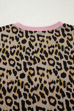Conjunto de pantalones cortos tipo jersey de manga larga con borde en contraste y estampado de leopardo rosa