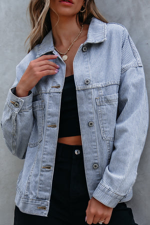 Veste en jean à poche lavée à bande bleue ciel