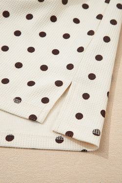 White Polka Dot Print Notched Neck Long Sleeve Top Drawstring Jogger Pants Waffle Knit Lounge Set