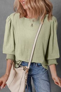 Laurel Green Textured Cou Round Half Sleeve Chemisier