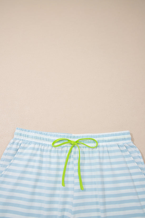 Set di maglietta ampia con collo a contrasto a righe rosa e pantaloncini con coulisse