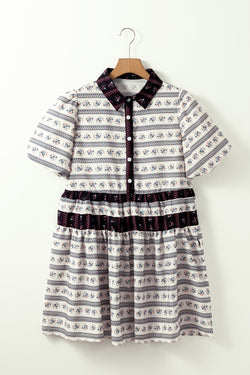 Boho Boho Floral Stripe Contraste Trim Bubble Sleeve Fared Robe