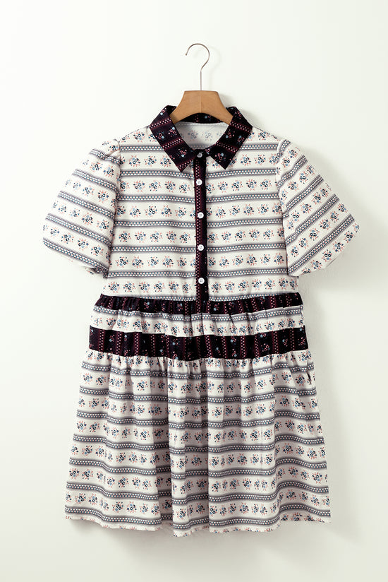 Vestido de manga de bolha listrada de contraste floral de boho preto