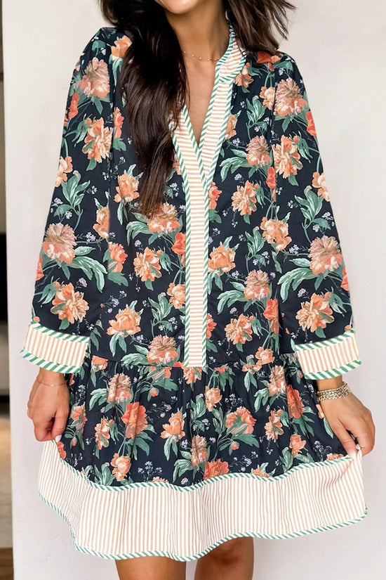 Mini-robe à imprimé floral et bordure rayée, col en V, manches longues, ourlet à volants, bleu