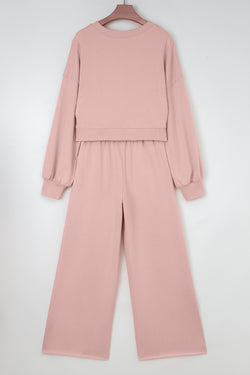 Light Pink Drop Shoulder Puff Sleeve Crop Pullover Drawstring Wide Leg Pants Set