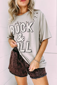 T-shirt gris rock & roll en détresse graphique