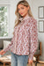 Floral Print Frilled Striped Trim Button Down Smocked Cuffs Long Sleeve Shirt