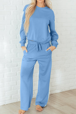 Beau Blue Floral Patchwork Drop Shoulder Pullover and Sweatpants Lounge Set