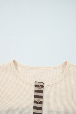 Bege waffle listra manta de retalhos henley knit top