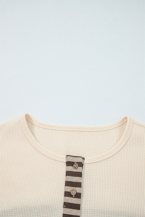 Bege waffle listra manta de retalhos henley knit top