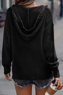 Maglione con cappuccio con pausa con caduta a costine a vello a V nero