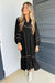 Robe midi bordure léopard contrastée col fendu manches longues décontracté noir