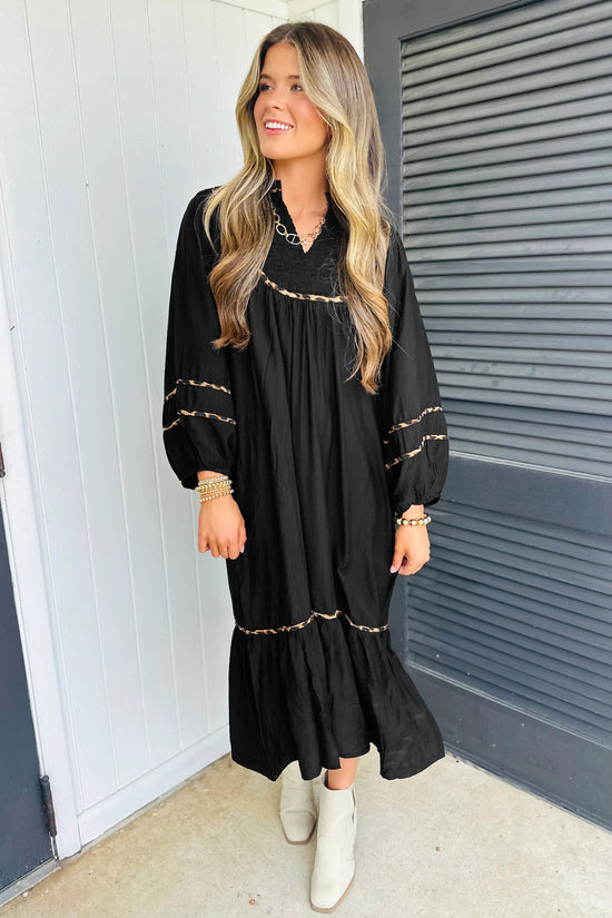 Robe midi bordure léopard contrastée col fendu manches longues décontracté noir