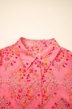 Stampa floreale rosso rosa a manica corta camicia sciolta