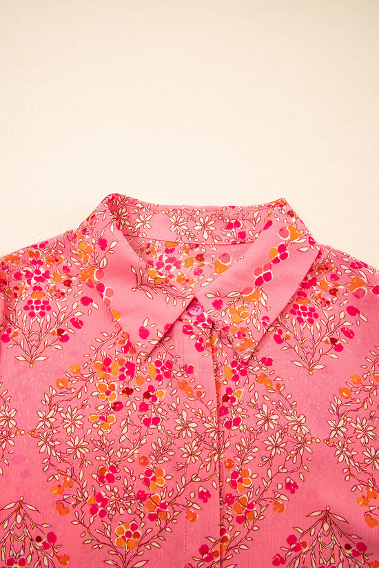 Stampa floreale rosso rosa a manica corta camicia sciolta