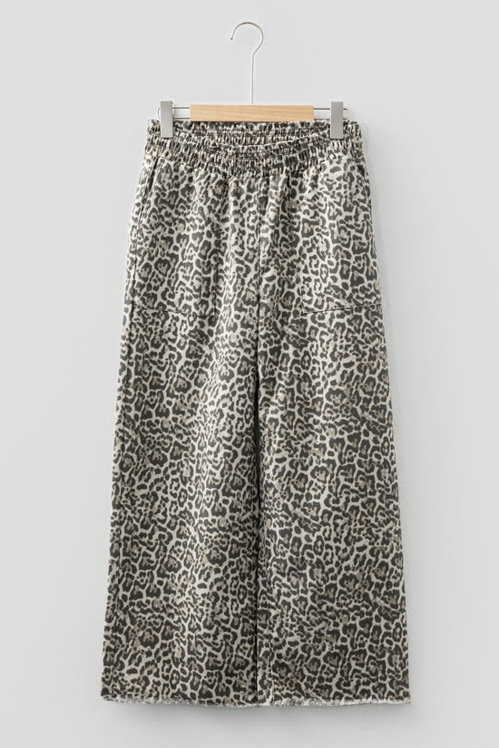 Brown Leopard Print Raw Hem Elastic Waist Loose Pull On Jeans