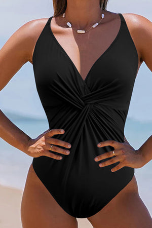 Black V Neck Twist Rucched Crisscross Backless Massuit de bain une pièce