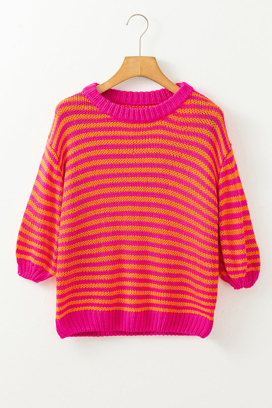 Rose Stripe 3/4 suéter de ombro de manga Puff