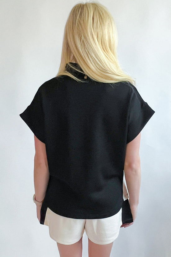 Black Contrast Zipped Stand Collaved camise e conjunto curto