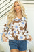 Marrom Floral Printed Tired Tire Sleeve Collared V Neck Blouse