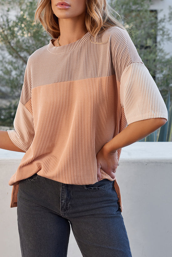 Flitte laterali a costine a costine di colore rosa Top a mezza manica