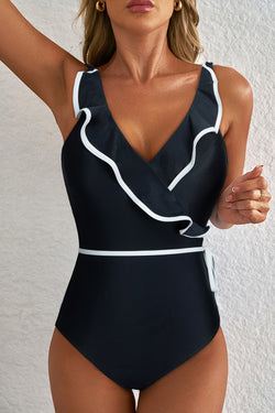 Contrasto di colore nero Blavola arricciata a V collo da bagno
