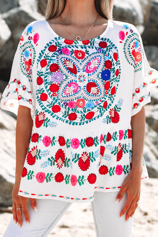 Bolpia di boschetto bianco con stampa rotonda con stampa floreale boho boho