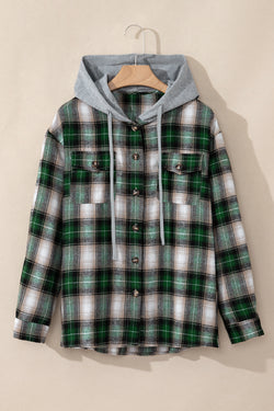 Chaqueta con capucha de bolsillo para el pecho de estampado a cuadros de color verde