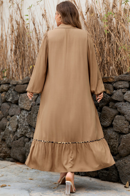 Pulseira castanha com decote em V e leopardo, vestido longo plus size