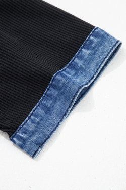 Black Waffle Knit Denim Contrast Trim Patchwork Button Polo Collar Top