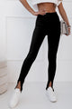 Leggings con spacco a vita alta in maglia a coste nere