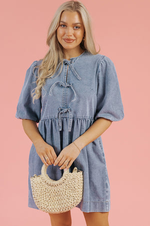 Dusk Blue Bowknot Bulzle Short Denim Abito in denim