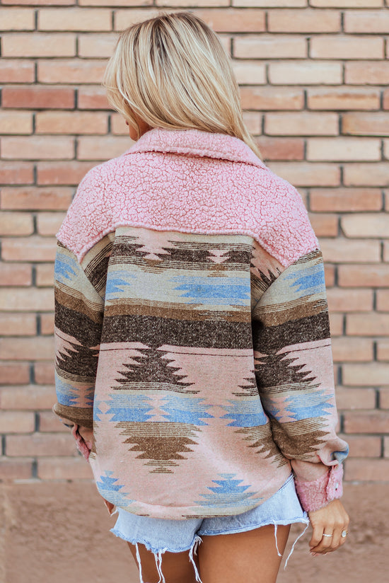 Pink Western Aztec Print Sherpa Supling Botsed Flap Pocket Coat