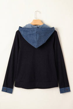 Black Ribbed Knit Contrast Denim Patchwork Hooded Long Sleeve Top