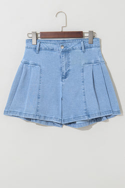 Shorts in denim leggero con patchwork a pieghe blu a crepuscolo