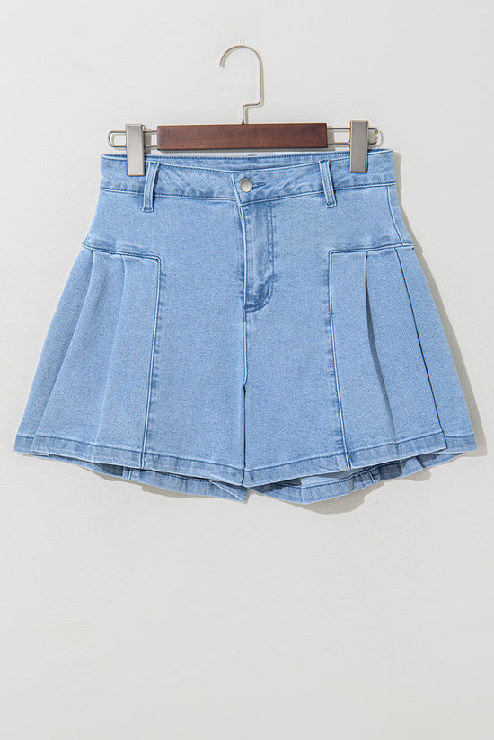 Shorts in denim leggero con patchwork a pieghe blu a crepuscolo