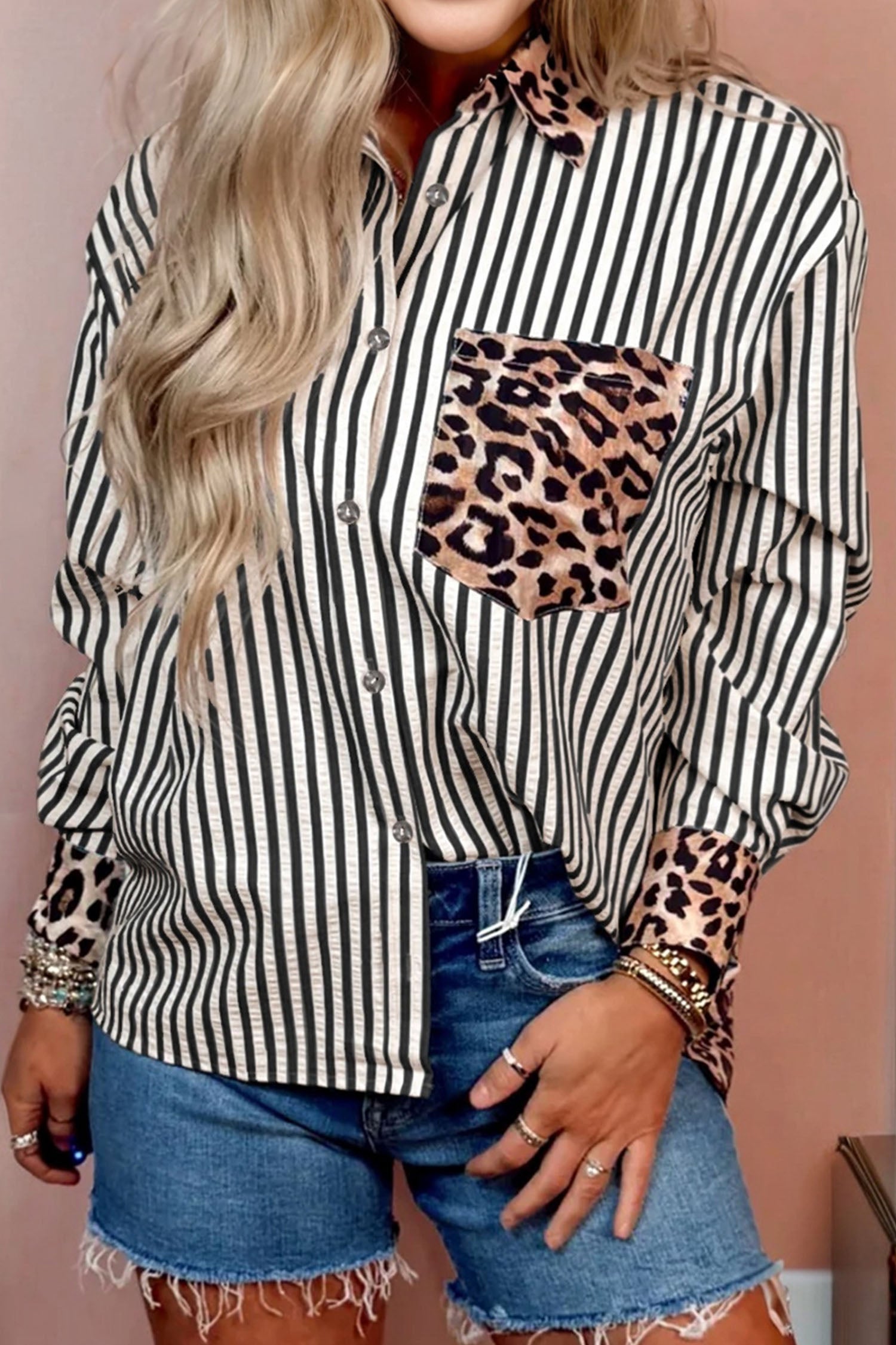 Racing Red Striped Leopard Print Patchwork Button Up Womens Shirt
