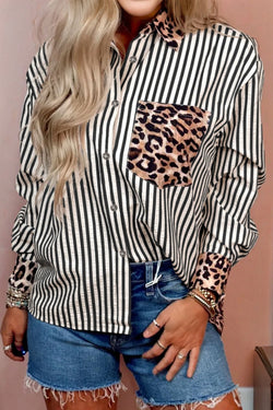 Racing Red Striped Leopard Print Patchwork Button Up Womens Shirt