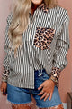 Racing Red Striped Leopard Print Patchwork Button Up Womens Shirt
