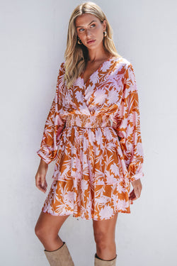 Vestido de cintura com manga floral marrom floral