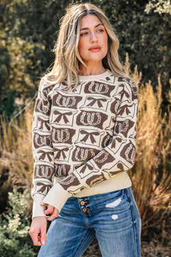 Brown Bows & Horseshoes Pattern Sweater Western Fashion