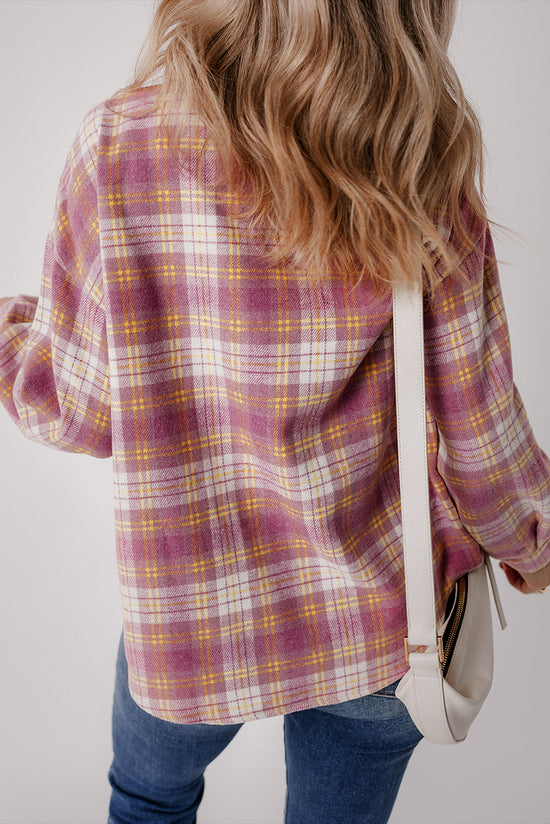 Pink Pink Plaid Treid Chacket de manga larga de bolsillo de bolsillo